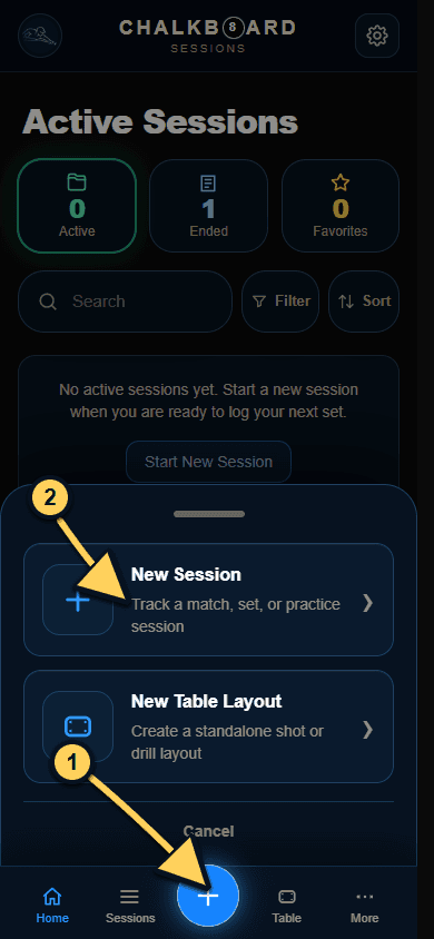 Chalkboard Create menu with yellow arrow 1 pointing to the blue bottom-center plus button and yellow arrow 2 pointing to New Session.