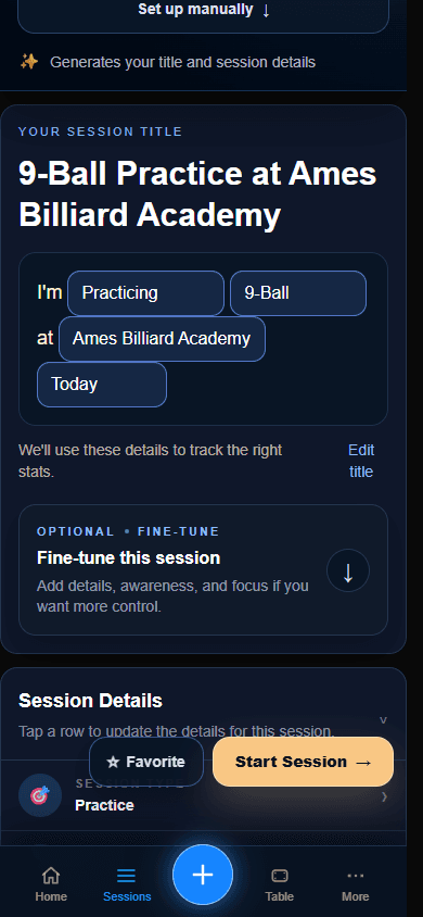 Chalkboard New Session screen with quick entry and manual detail options.