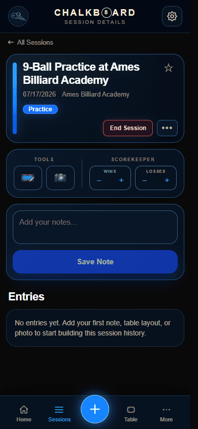 Chalkboard active session screen with session details and controls for notes, score, and session tools.