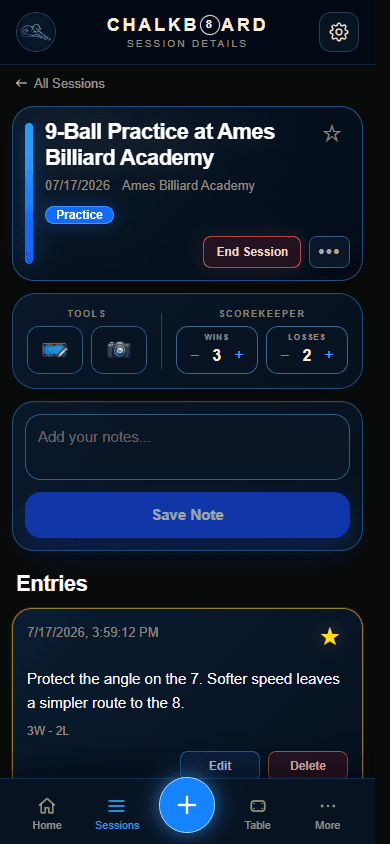 Chalkboard active session screen showing notes, scoring, and favorite controls.
