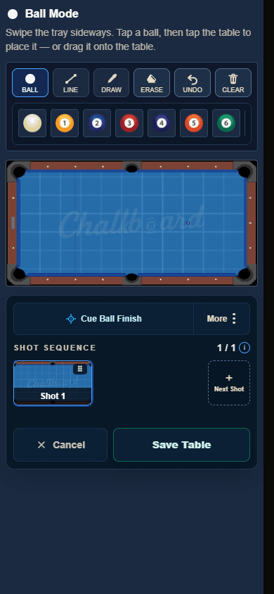 Chalkboard table editor screen for arranging balls and documenting a layout.